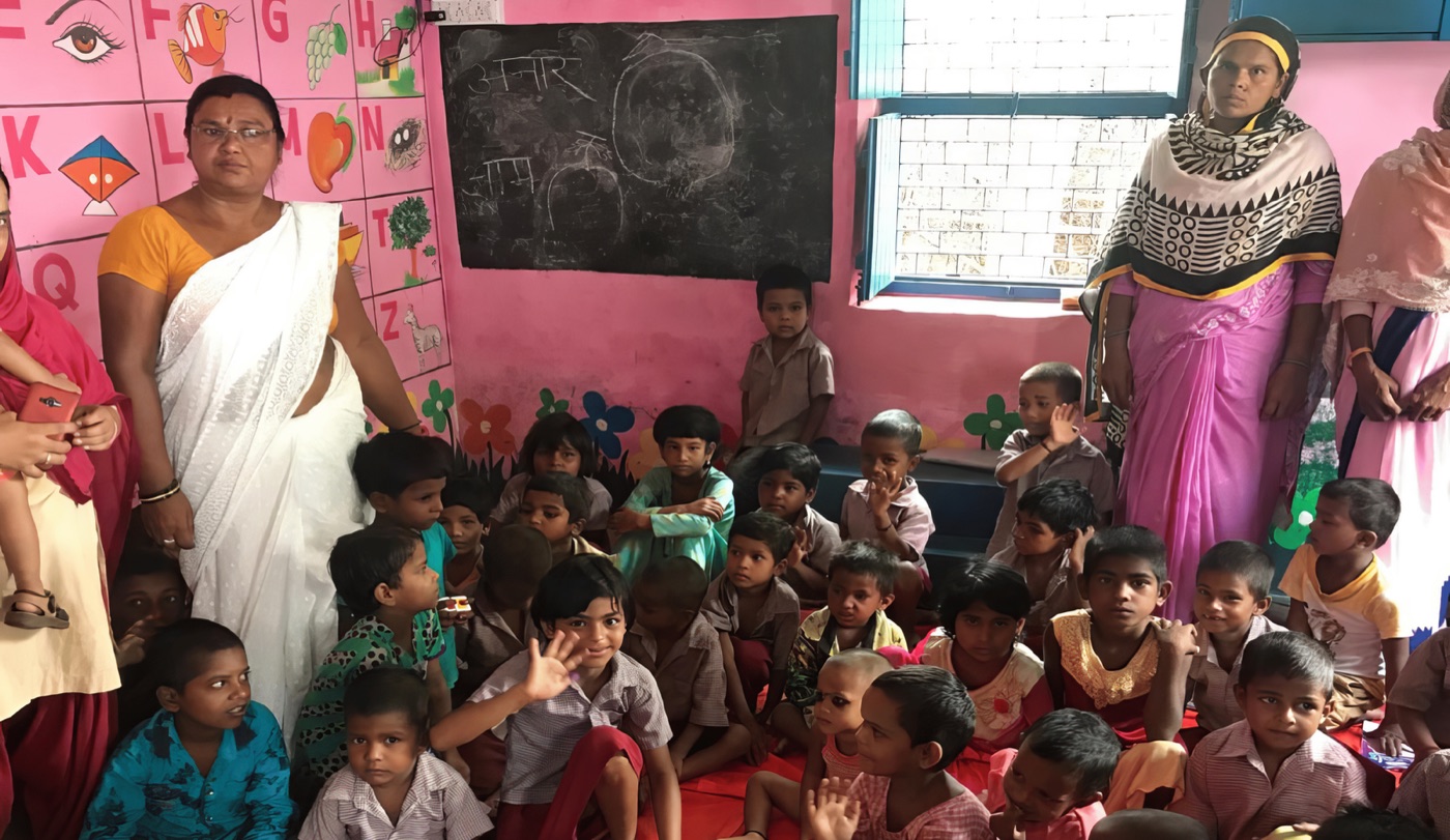 Children and teachers at an anganwadi centre supported by IDev4All Foundation